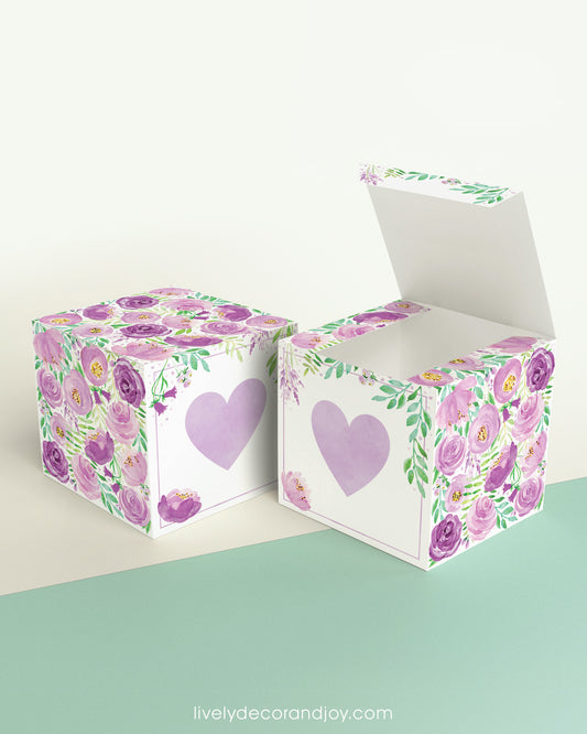 Two cubes with a lavender heart on the front. One has the lid open, showing it is a box. Both made with the same template.