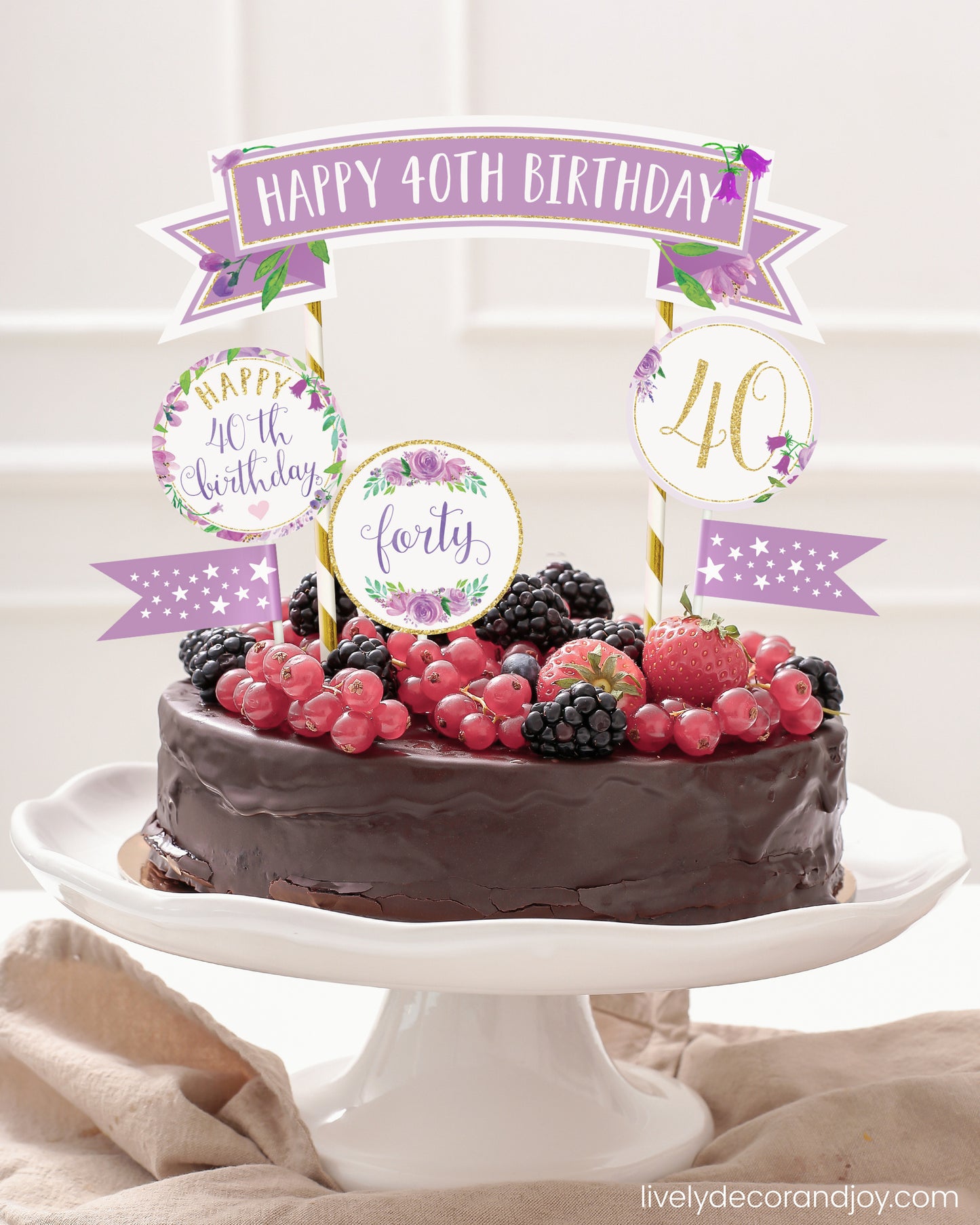 Easy chocolate birthday cake topper made of printable DIY party decorations.
