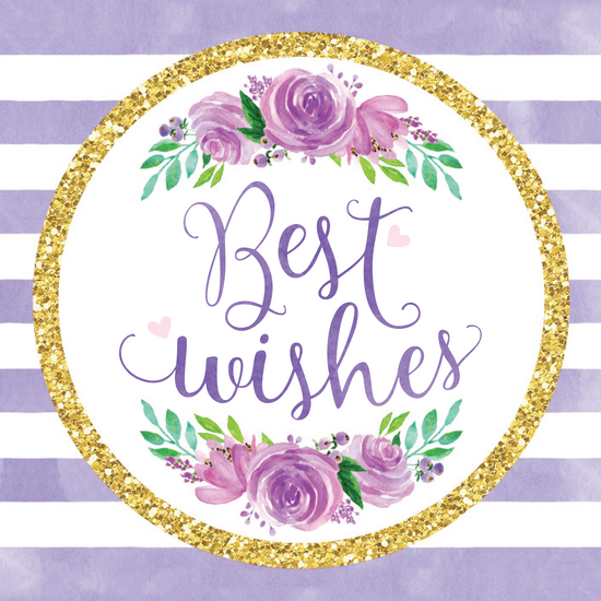 Happy birthday gift tag or favor label with the Best Wishes message. Purple watercolor floral design and gold accents.