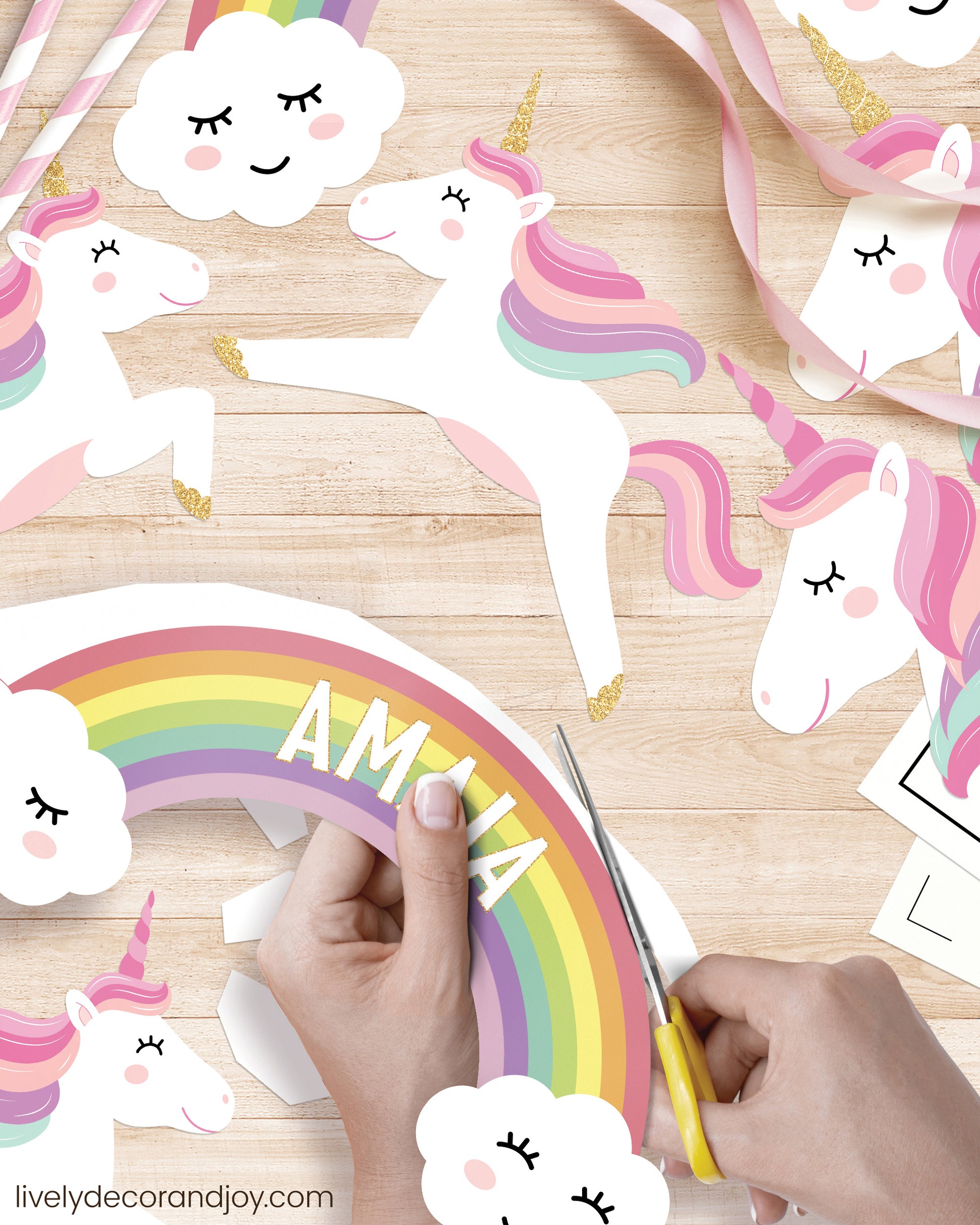 DIY rainbow cake topper with a personalized name and beautiful unicorns.