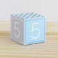 ABC block in blue and light grey with the number 5 on the sides. It is made of paper.