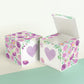 Two cubes with a lavender heart on the front. One has the lid open, showing it is a box. Both made with the same template.