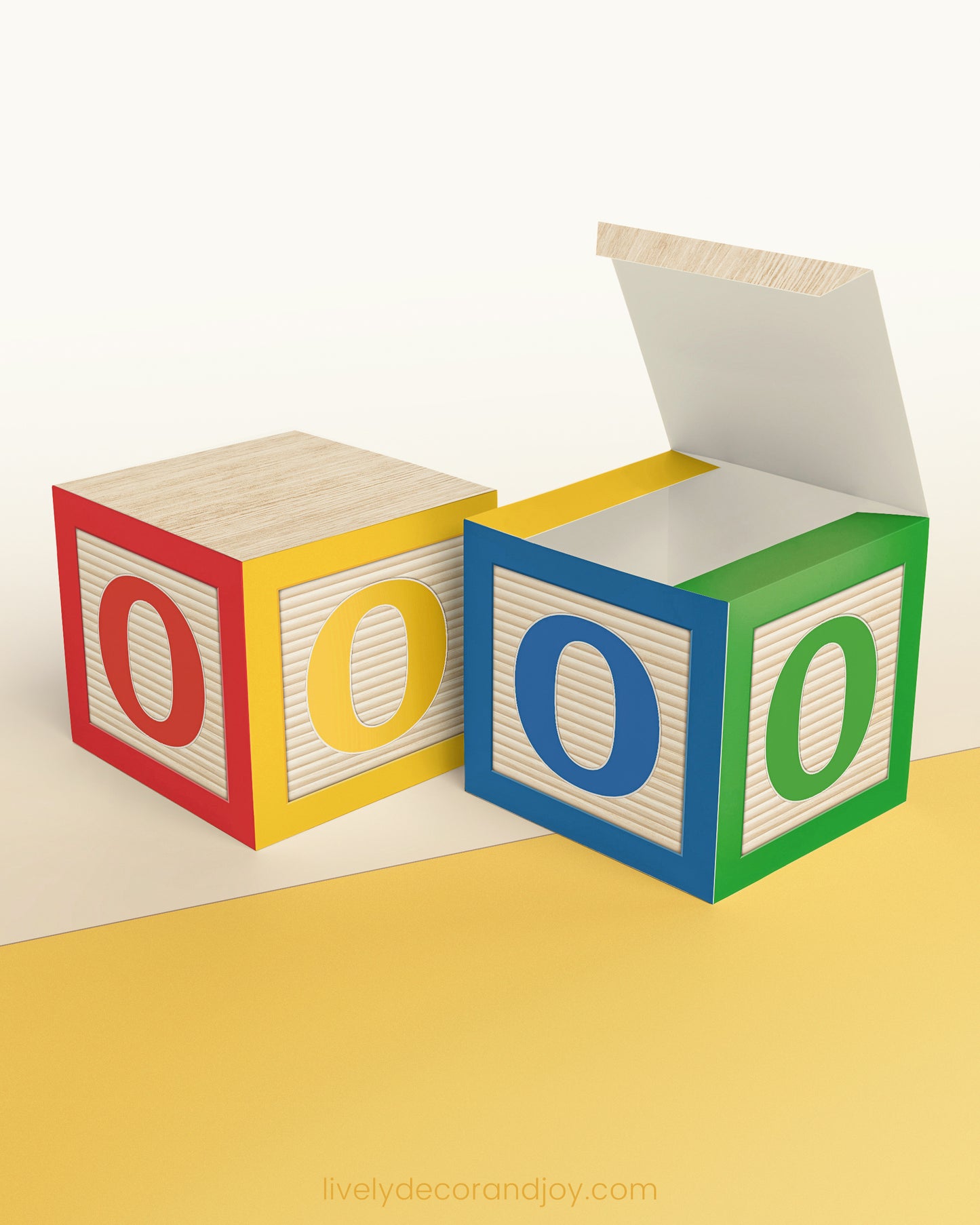 Baby block in red, yellow, blue, and green with the letter O. It is made of printed paper.