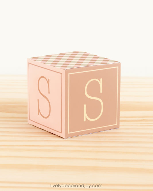 Baby block in farmhouse colors with the letter S. It is made of printed paper.