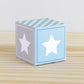 Building block with a star on the sides. Part of a collection of printable alphabet blocks in blue and light grey.
