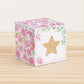 Building block with floral designs and gold star on the front. Part of a collection of printable alphabet building blocks.
