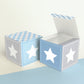 Paper building block and a star on the sides shown both as a cube and as an open box.
