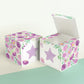 Paper building block with floral designs and a lavender star on the front presented twice: as a cube and also as an open box.