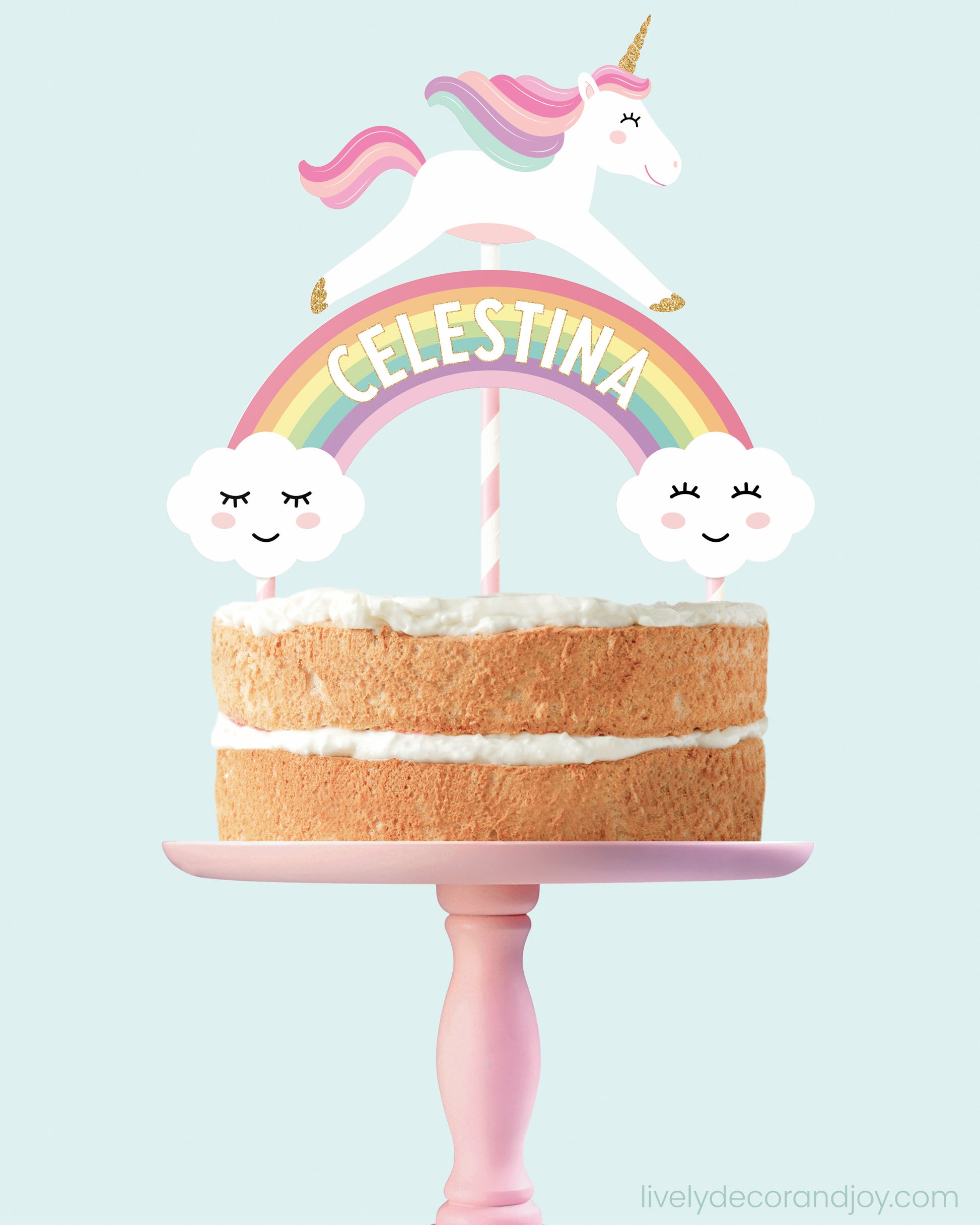 Personalized cake decoration with a name rainbow and optional unicorns in pink.