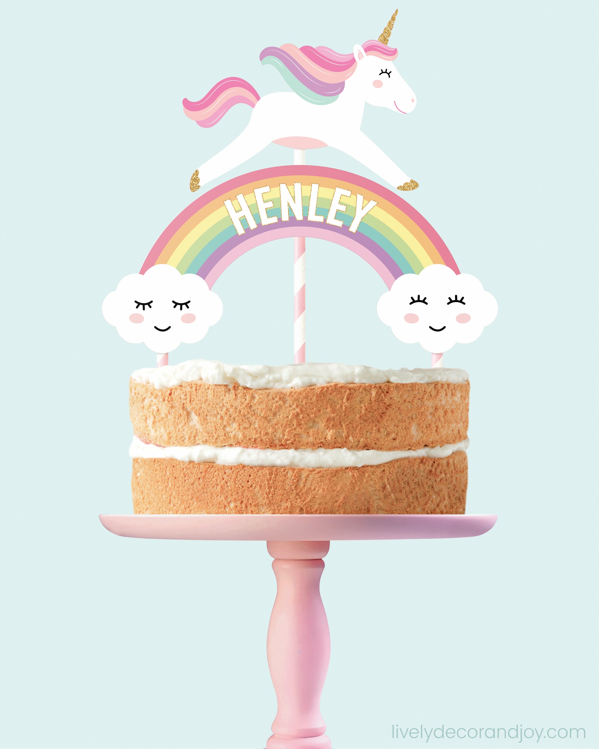 Homemade birthday cake with an easy rainbow topper and unicorns.