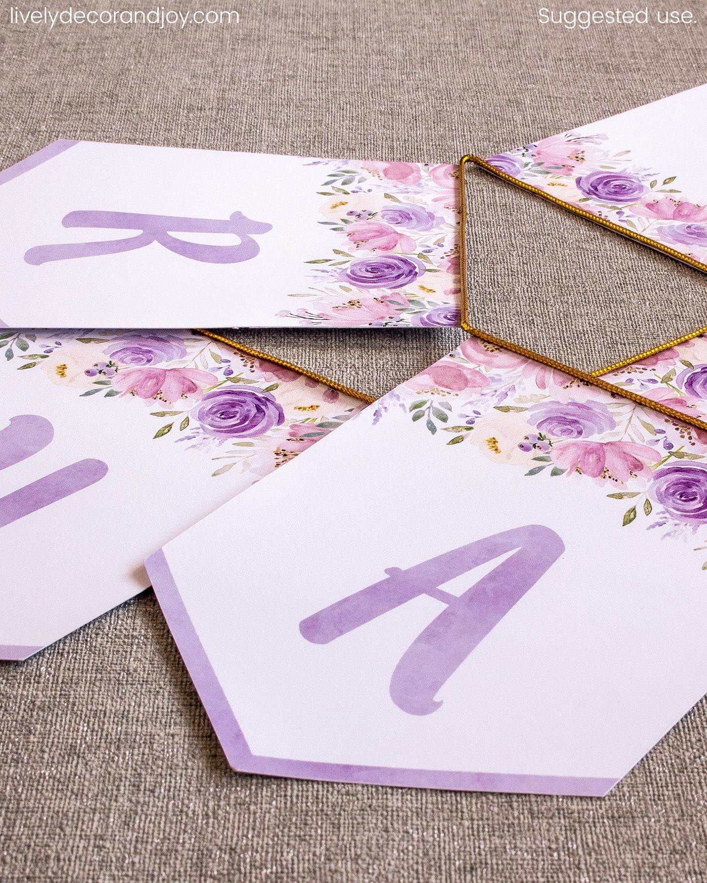 Blush floral banner flags: a name banner printable set or an anniversary banner. Letters in purple.