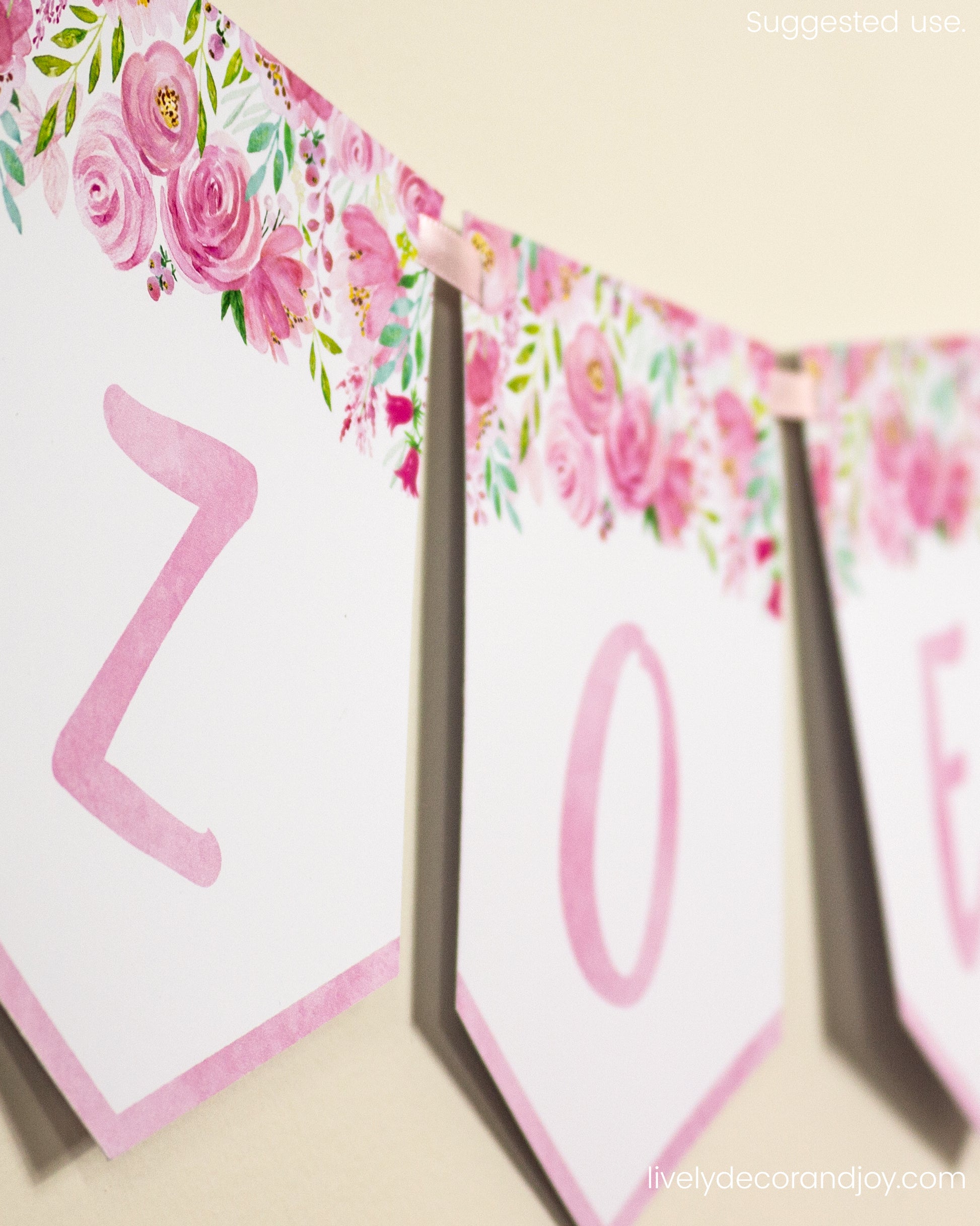 Banner flags on a wall: a Happy Birthday banner or Happy Retirement banner. They have floral designs and letters in pink.