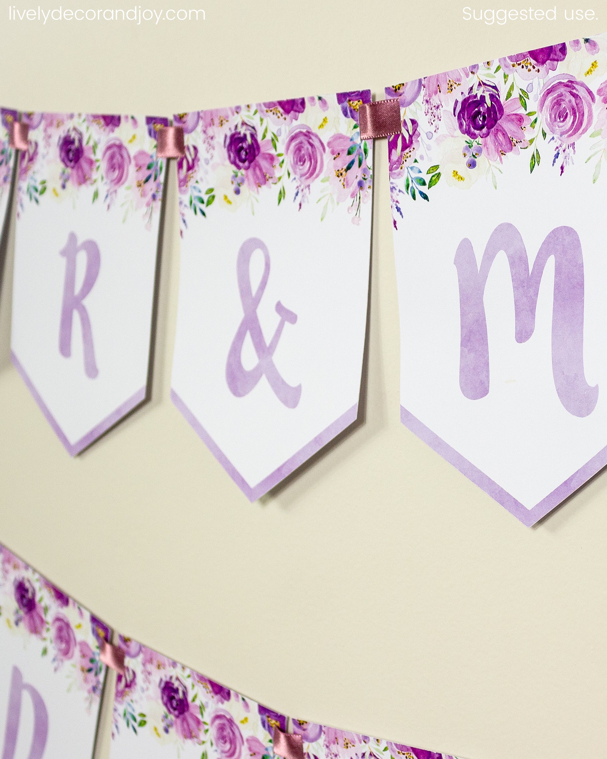 Purple watercolor floral banner: a name banner printable set or an anniversary banner.