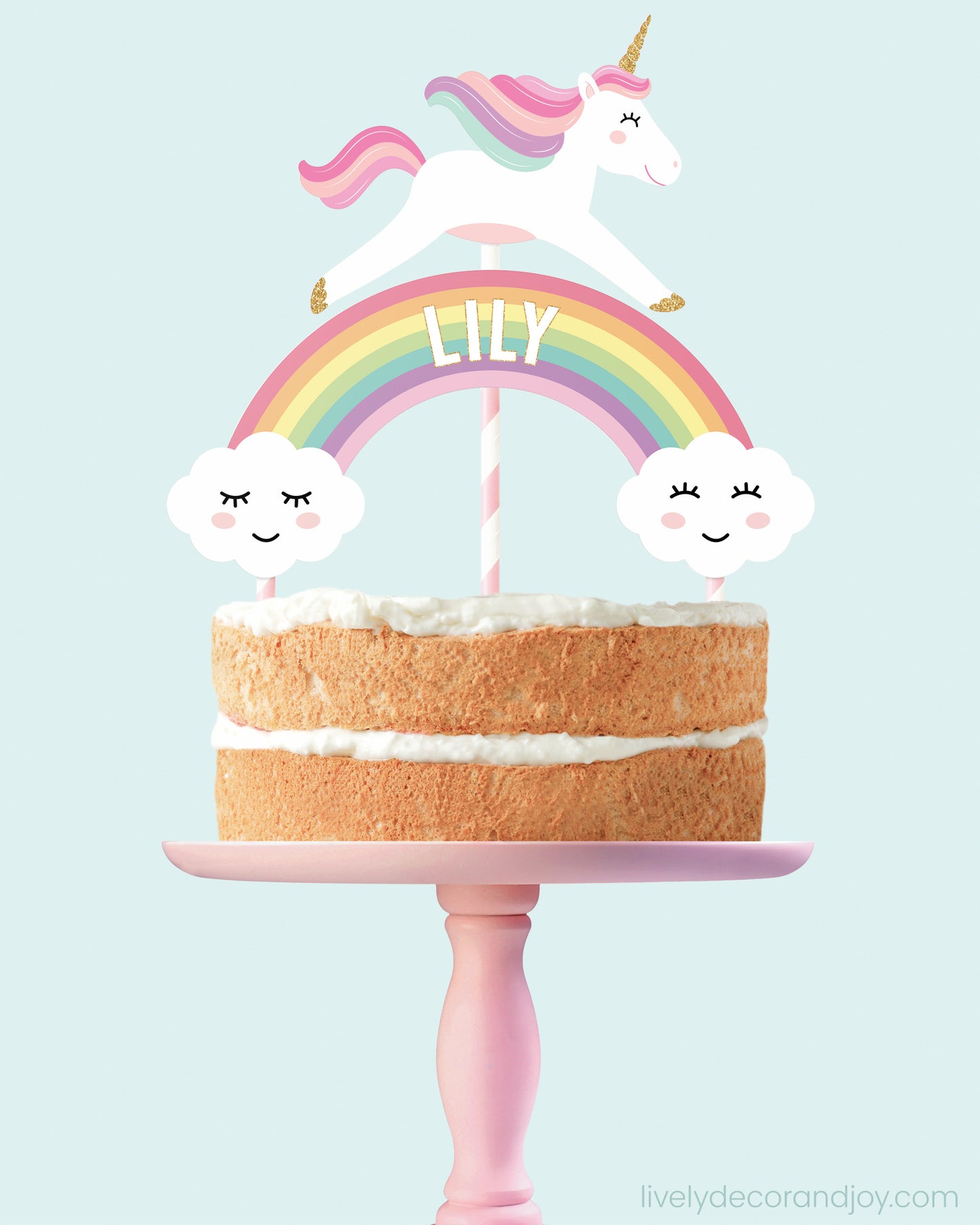 Homemade cake with an easy rainbow and unicorn decoration.