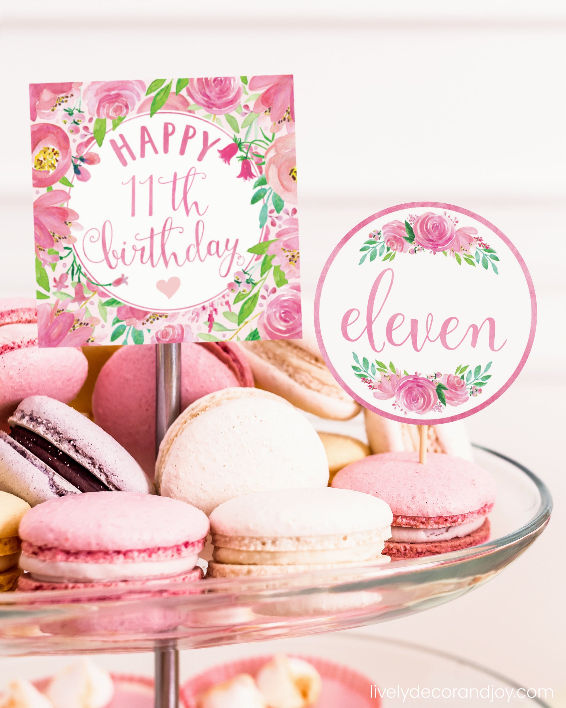 One square tag and one round tag used as easy party decorations at a macaron stand in a princess party.