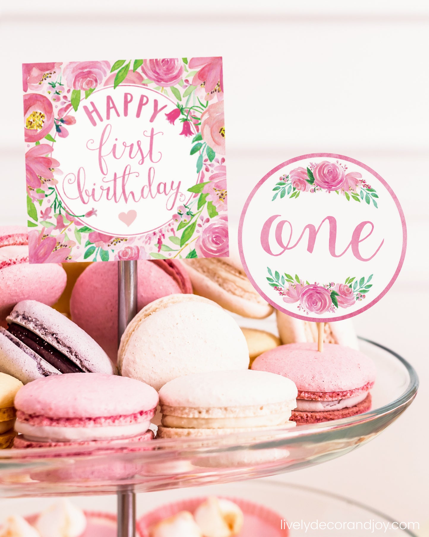One square tag and one round tag used as easy party decorations at a macaron stand in a princess birthday.