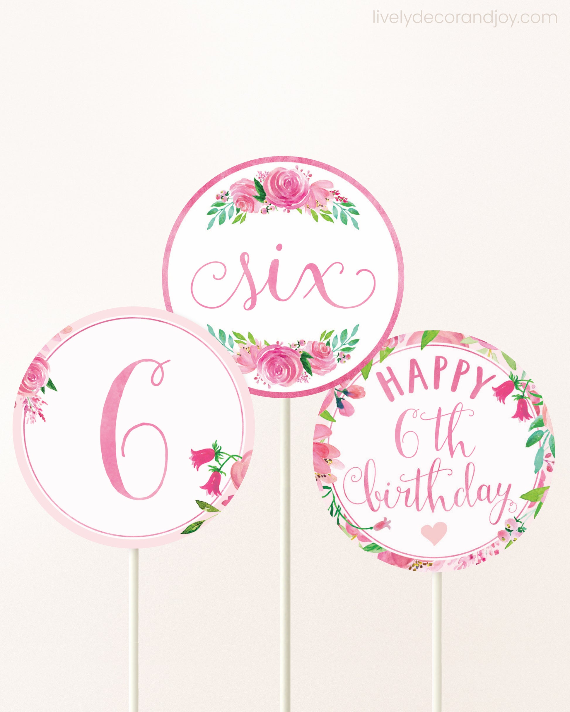 Three cupcakes toppers attached to lollipop sticks. They feature pink watercolor floral designs and pink and gold handwritten text.
