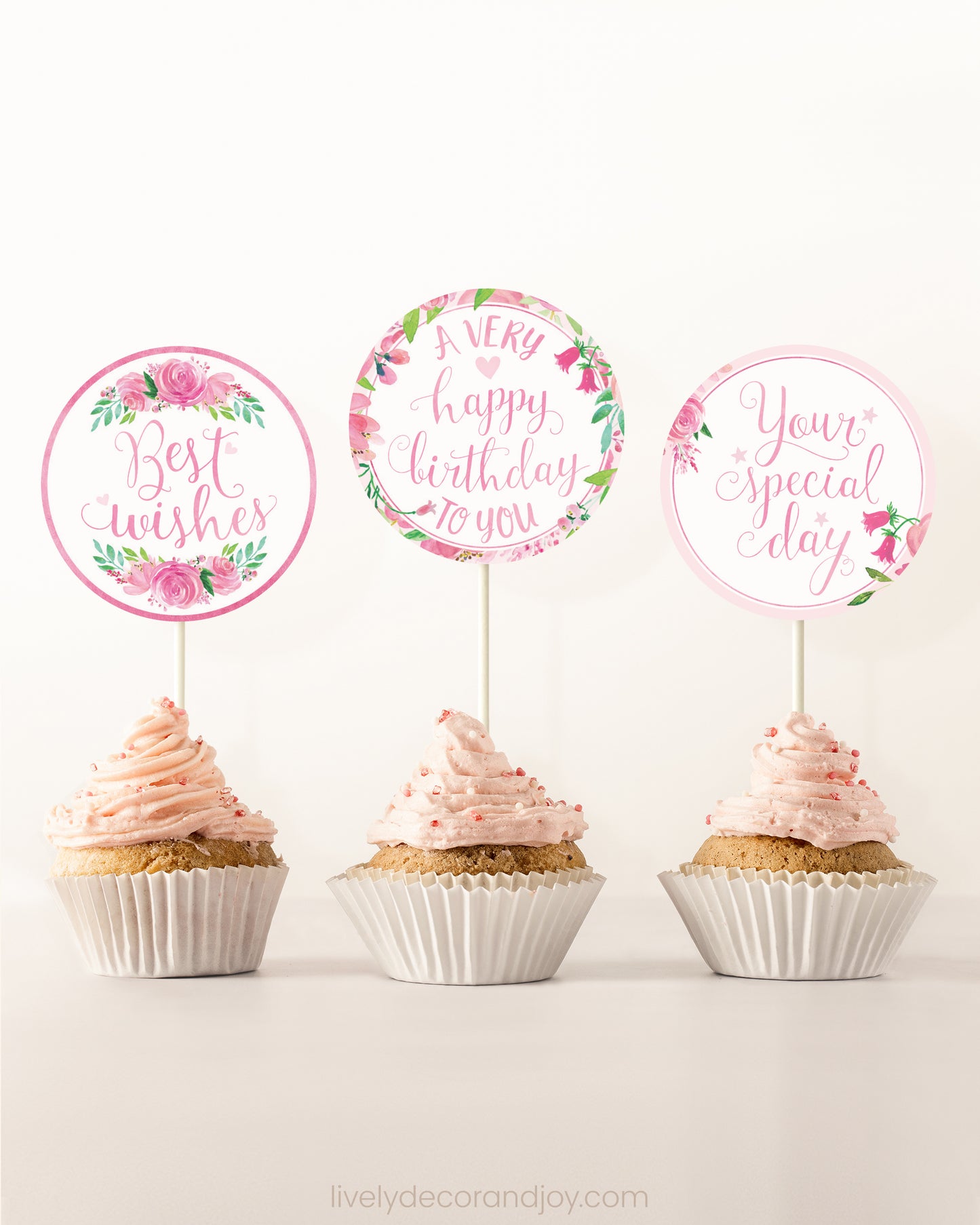 Pink Floral Toppers: Happy Birthday