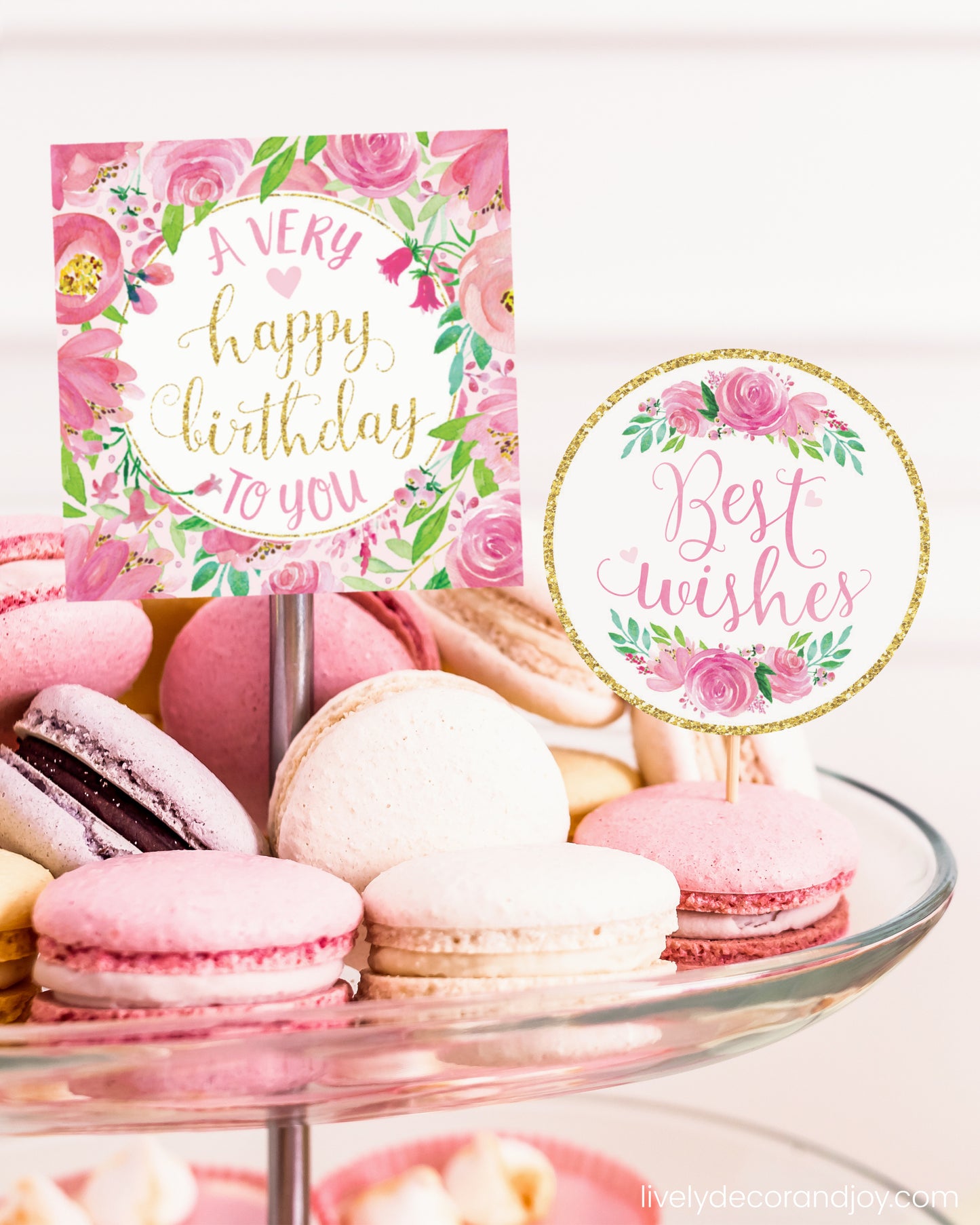 One square tag and one round tag used as easy party decorations at a macaron stand in a princess party.