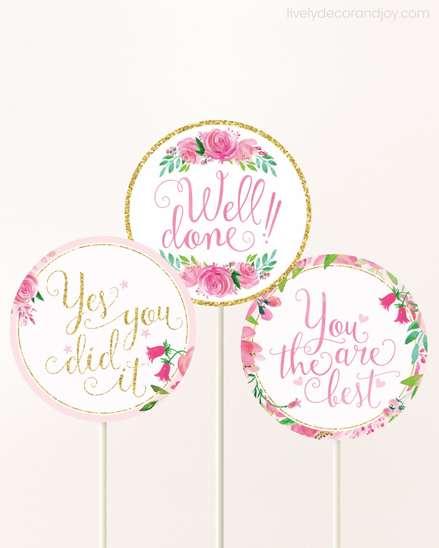 Pink & Gold Floral Toppers: Congratulations