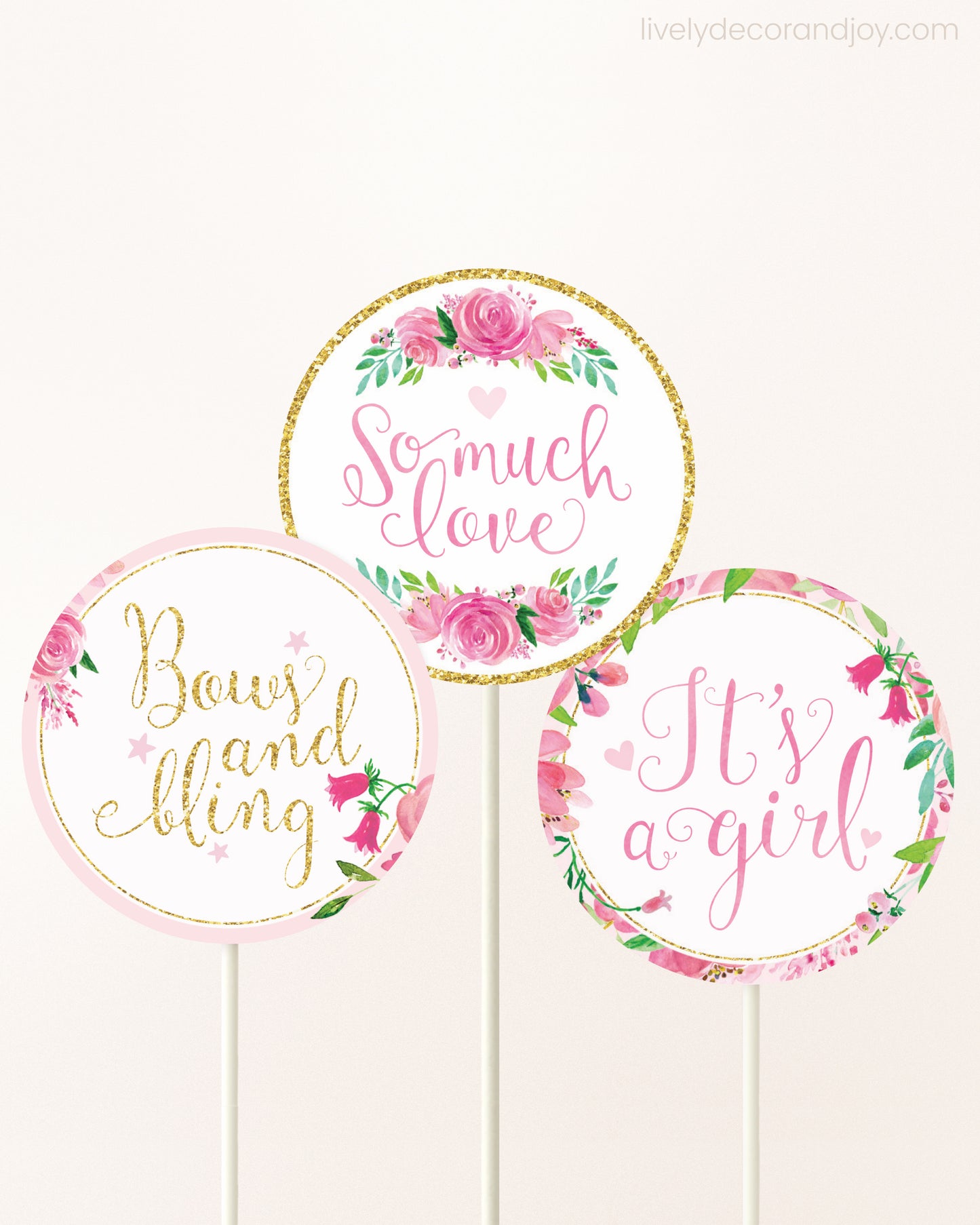 Pink & Gold Floral Toppers: It's a Girl