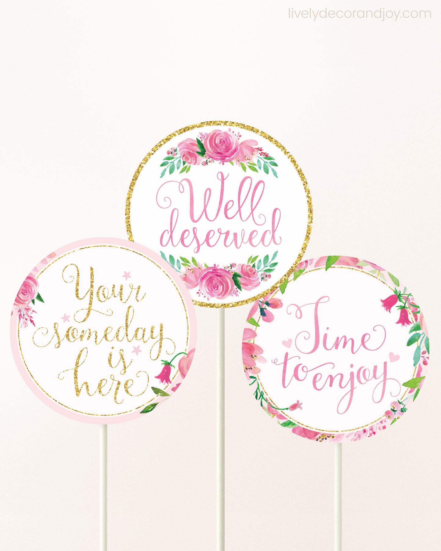 Pink & Gold Floral Toppers: Happy Retirement