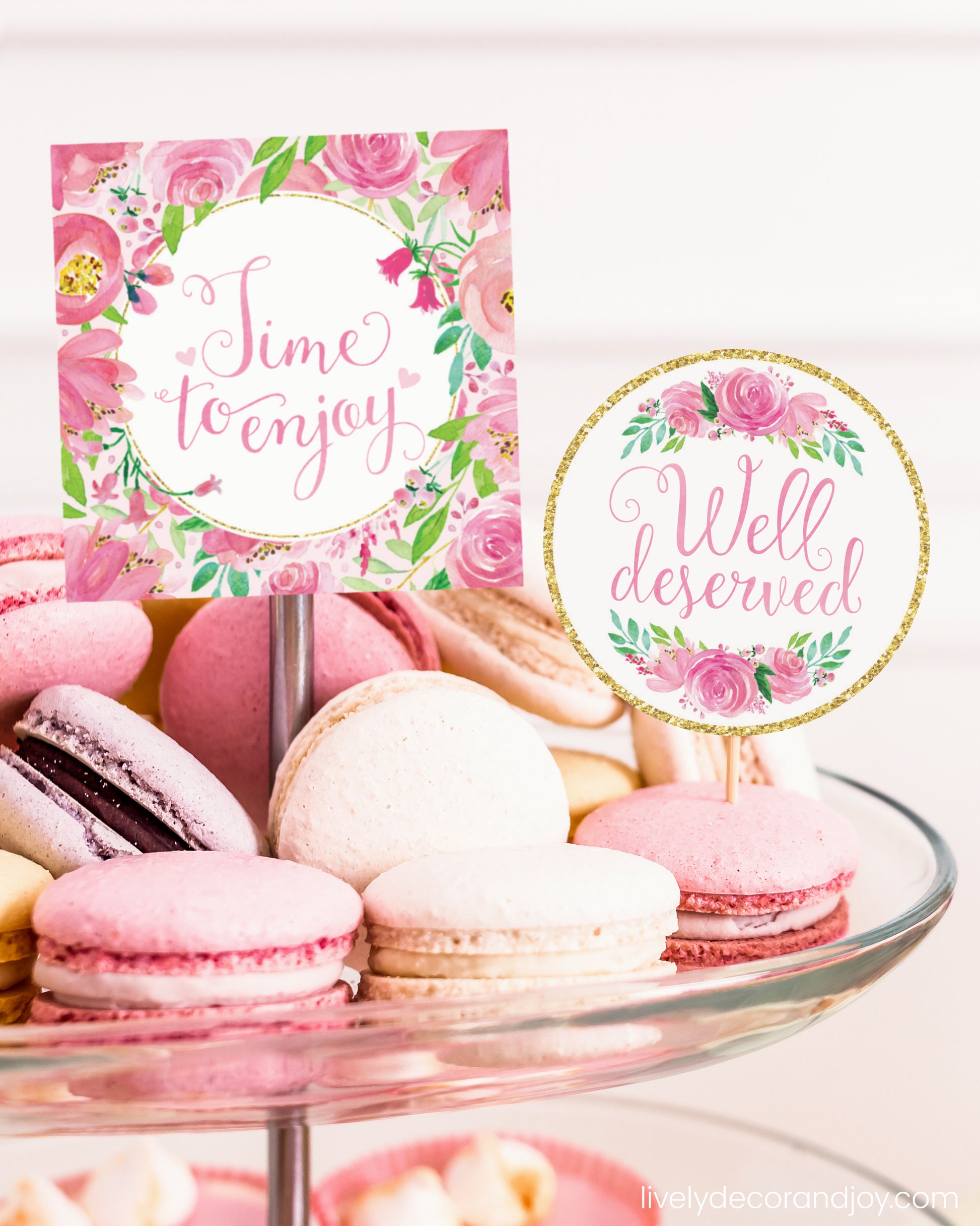 One square tag and one round tag used as easy party decorations at a macaron stand in a Happy Retirement party.