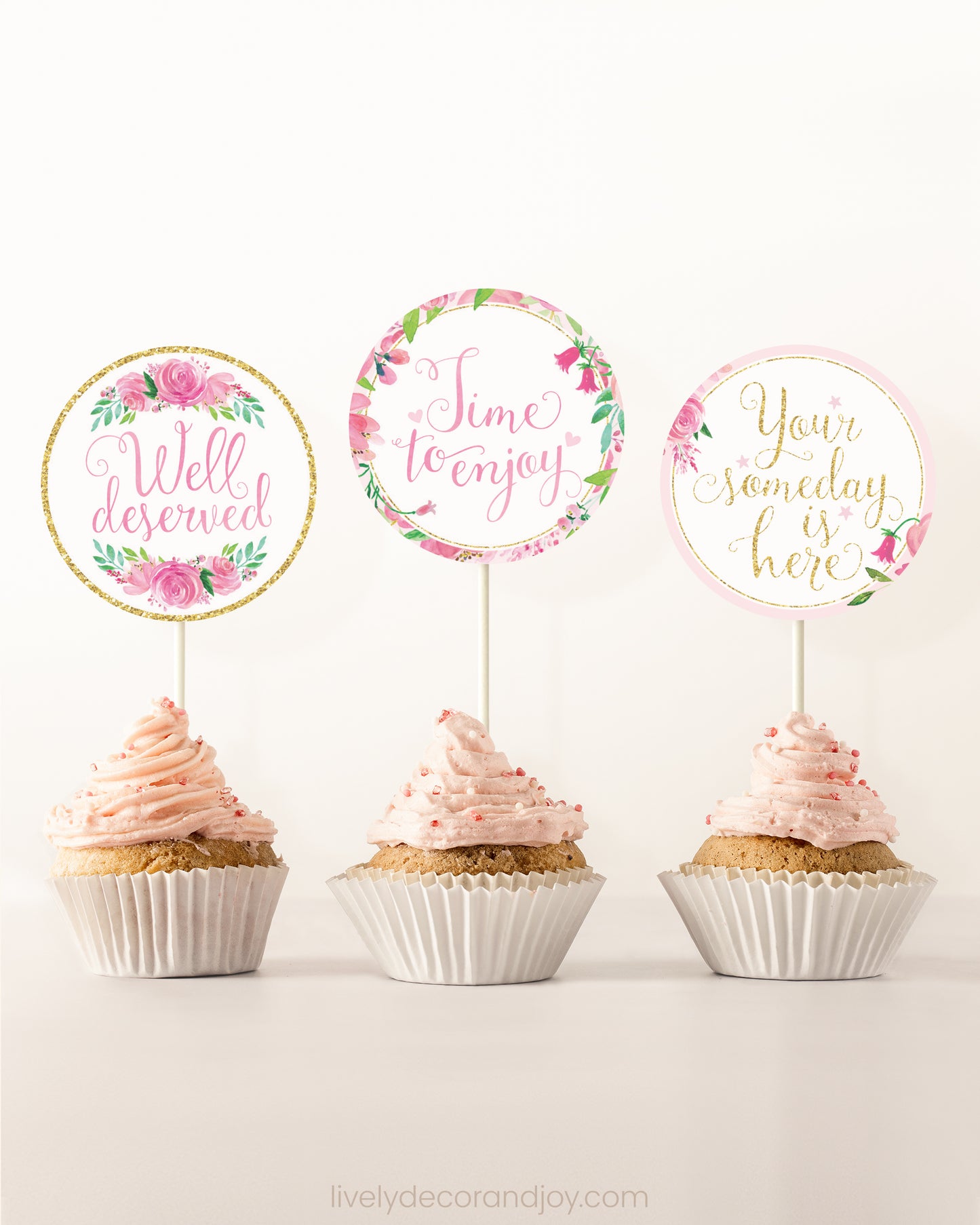 Pink & Gold Floral Toppers: Happy Retirement