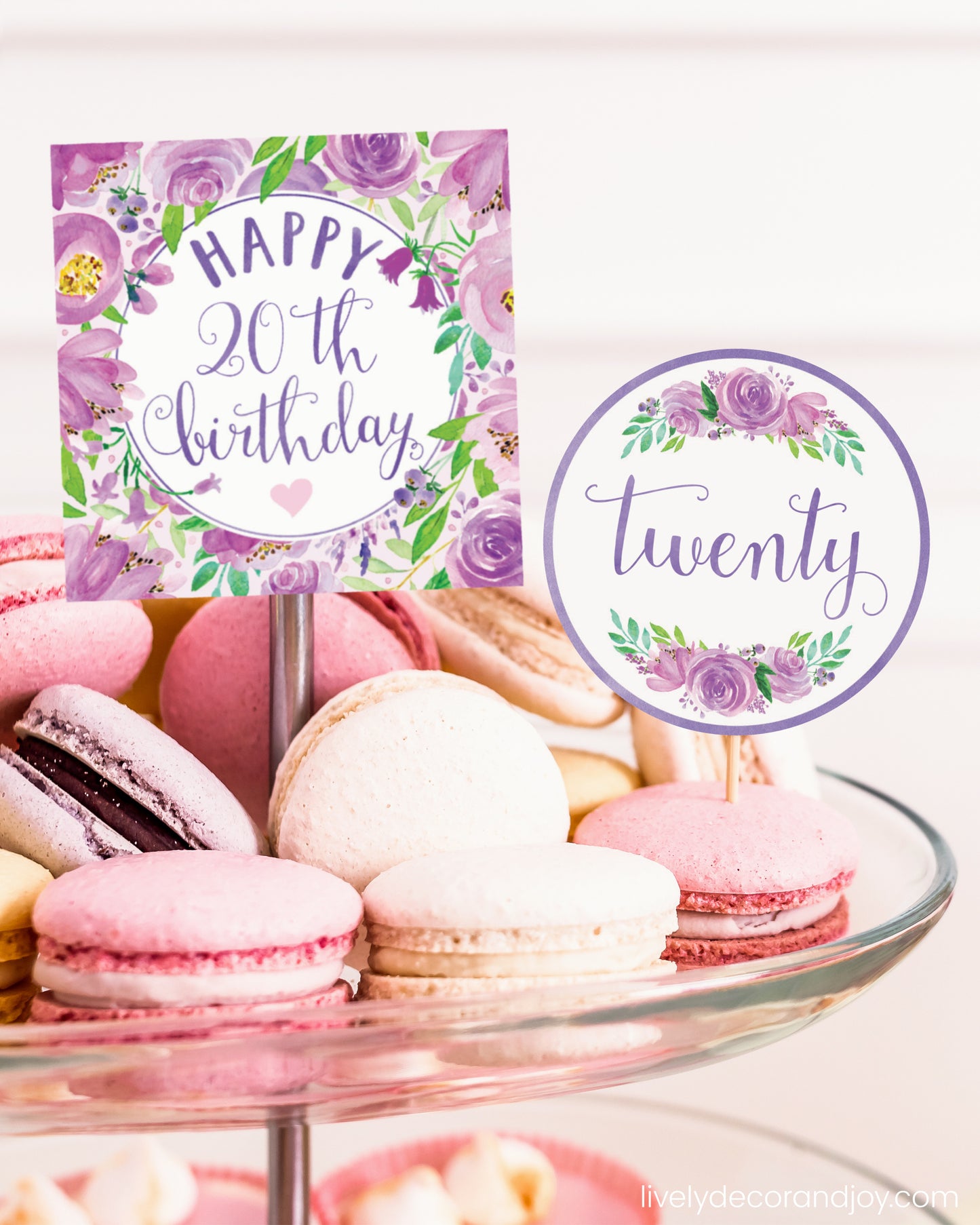 One square tag and one round tag used as easy party decorations at a macaron stand in a princess party.