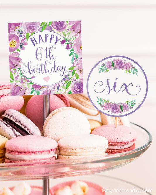 One square tag and one round tag used as easy party decorations at a macaron stand in a princess party.