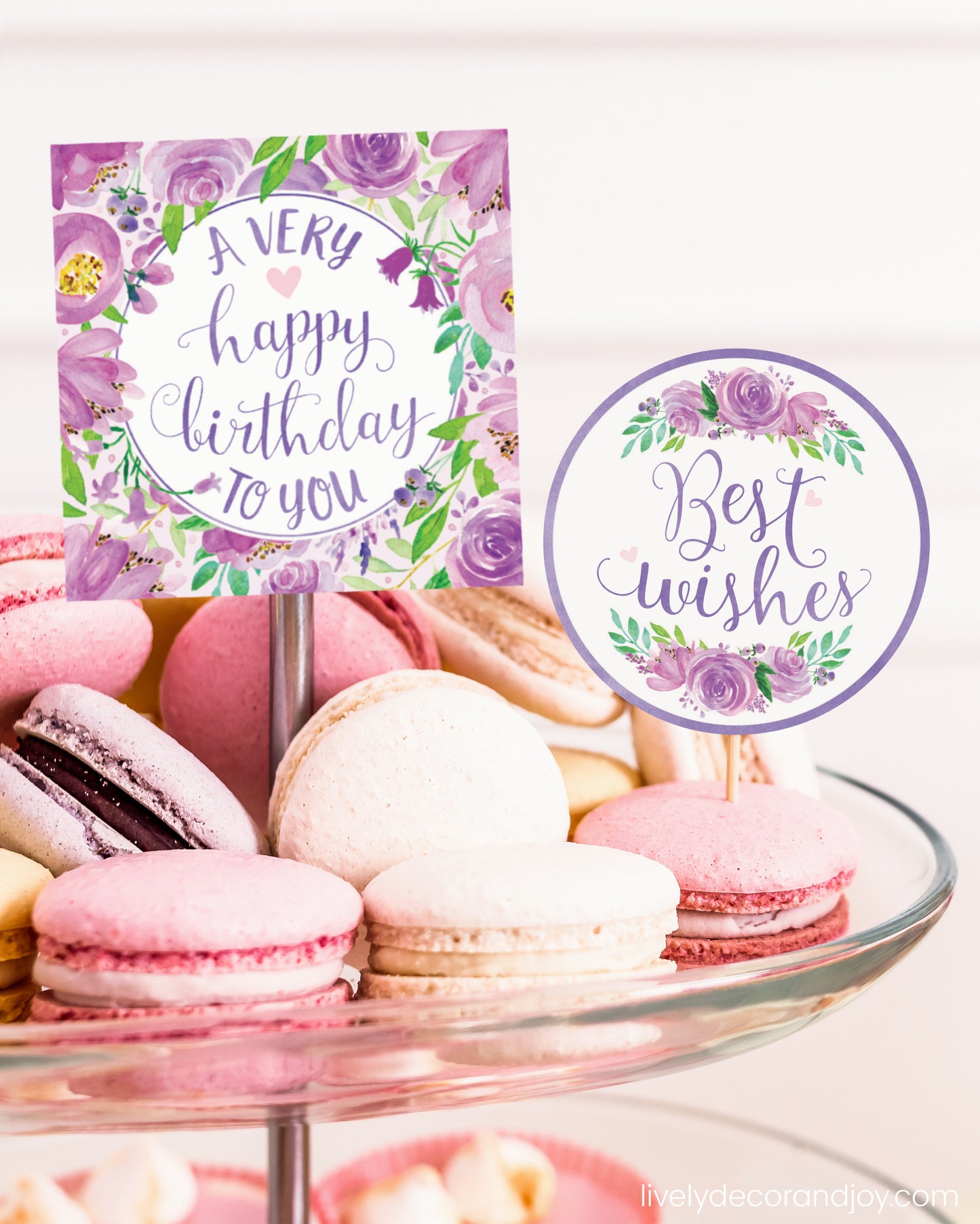 One square tag and one round tag used as easy party decorations at a macaron stand in a princess party.