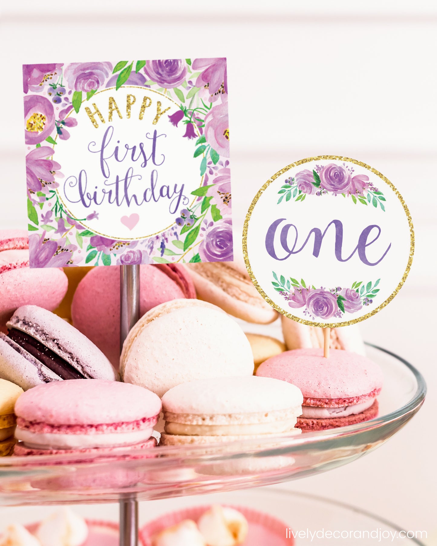 One square tag and one round tag used as easy party decorations at a macaron stand in a princess birthday.