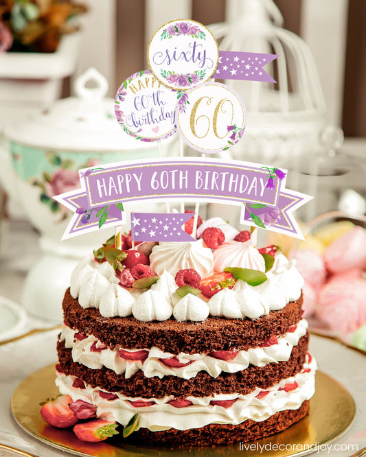 A berry cake or strawberry cake with decorations made of paper from a printable cake topper floral design.