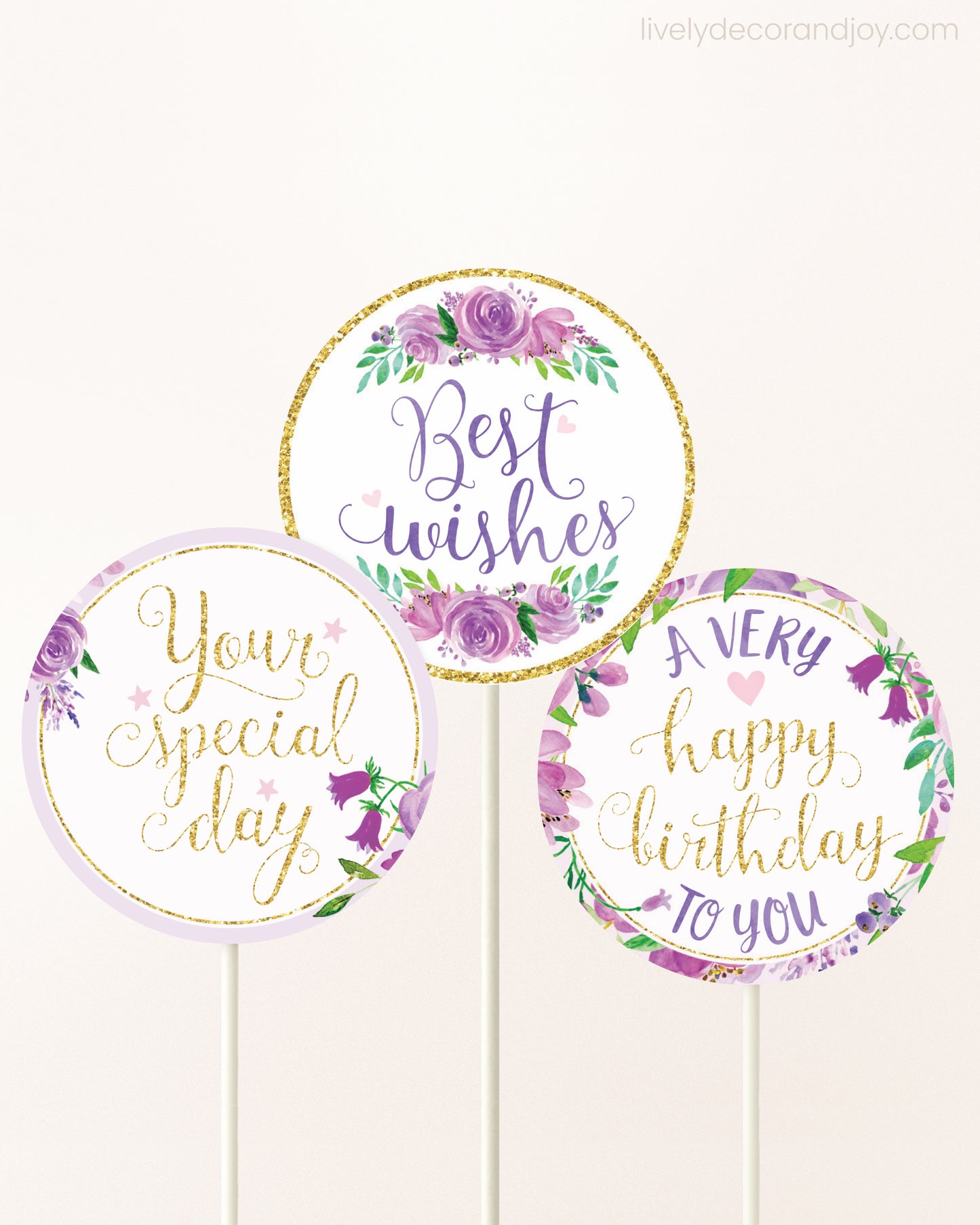 Purple & Gold Floral Toppers: Happy Birthday