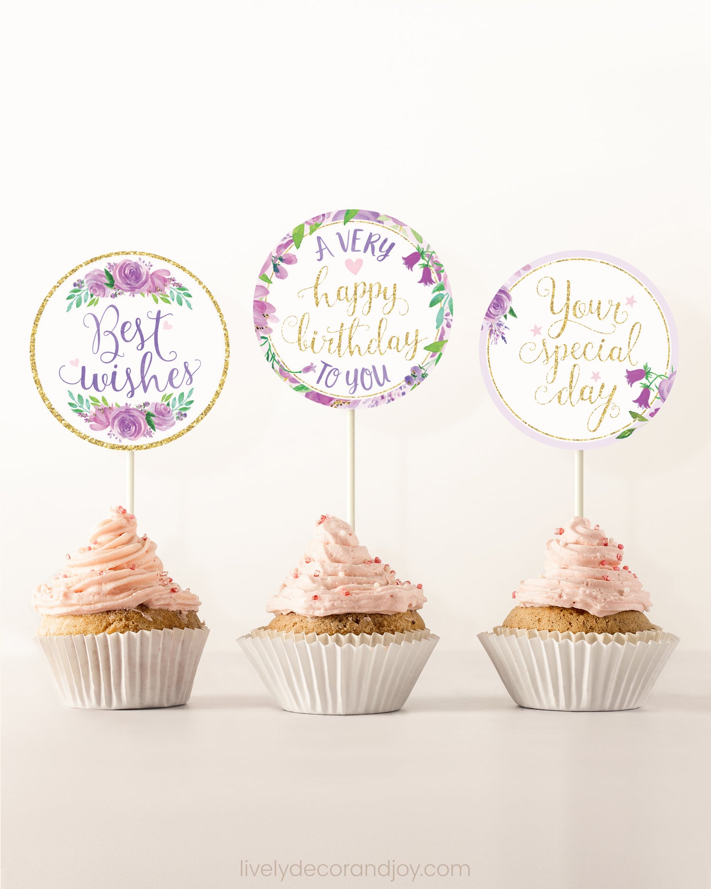 Purple & Gold Floral Toppers: Happy Birthday