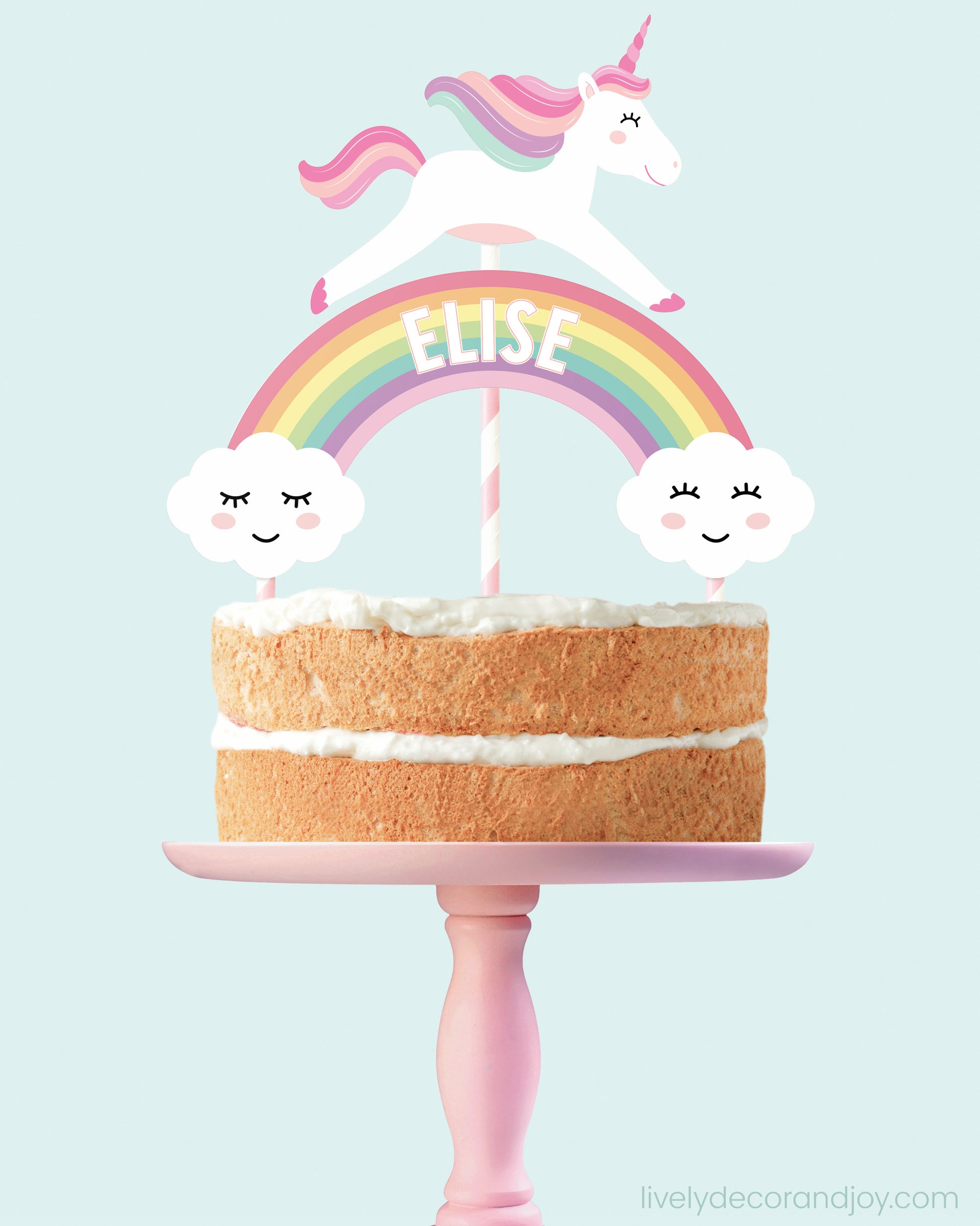 Personalized cake decoration with a name on the rainbow. Optional gold details.