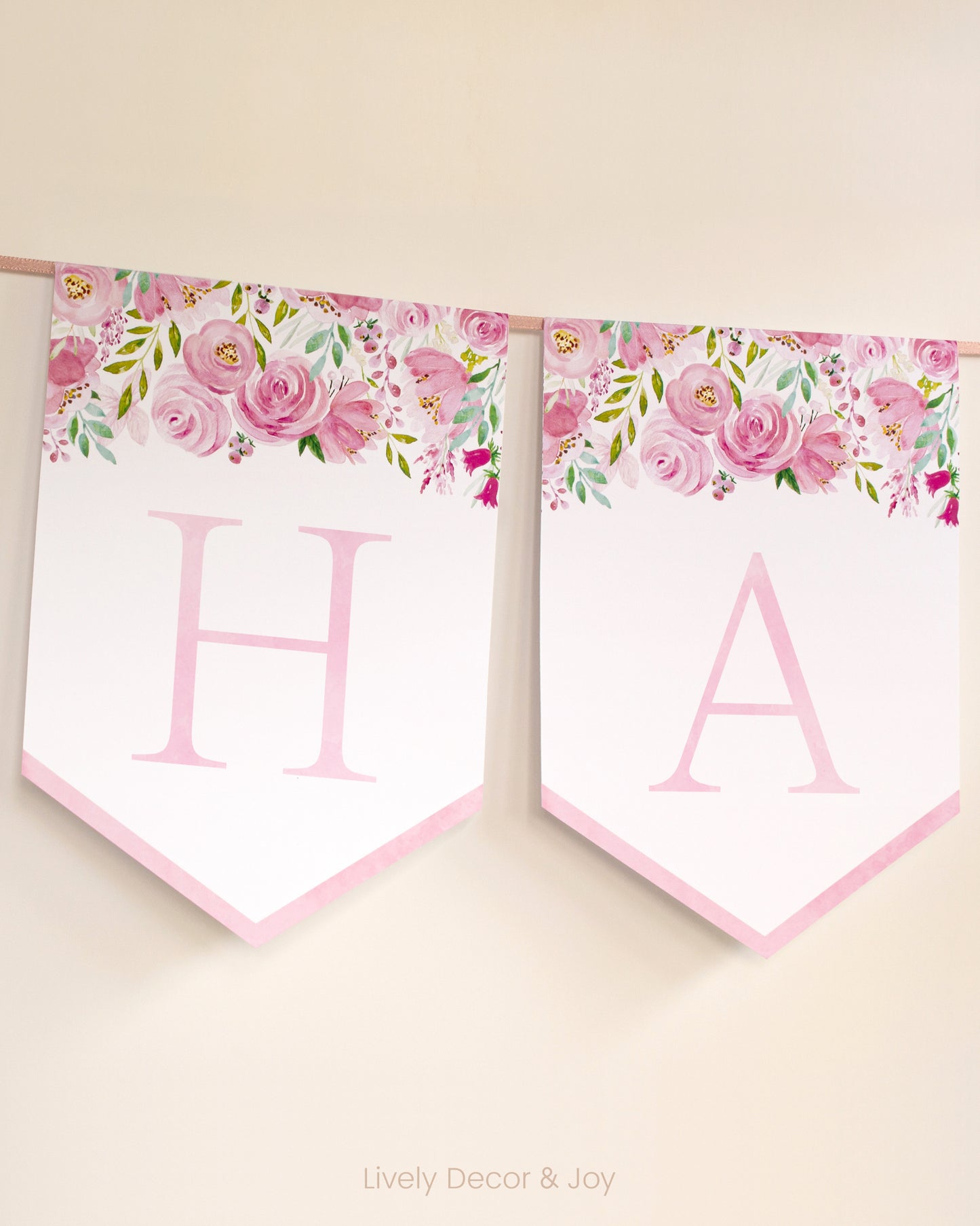 Pink floral banner flags: a name banner printable set or an anniversary banner. Letters in pink.