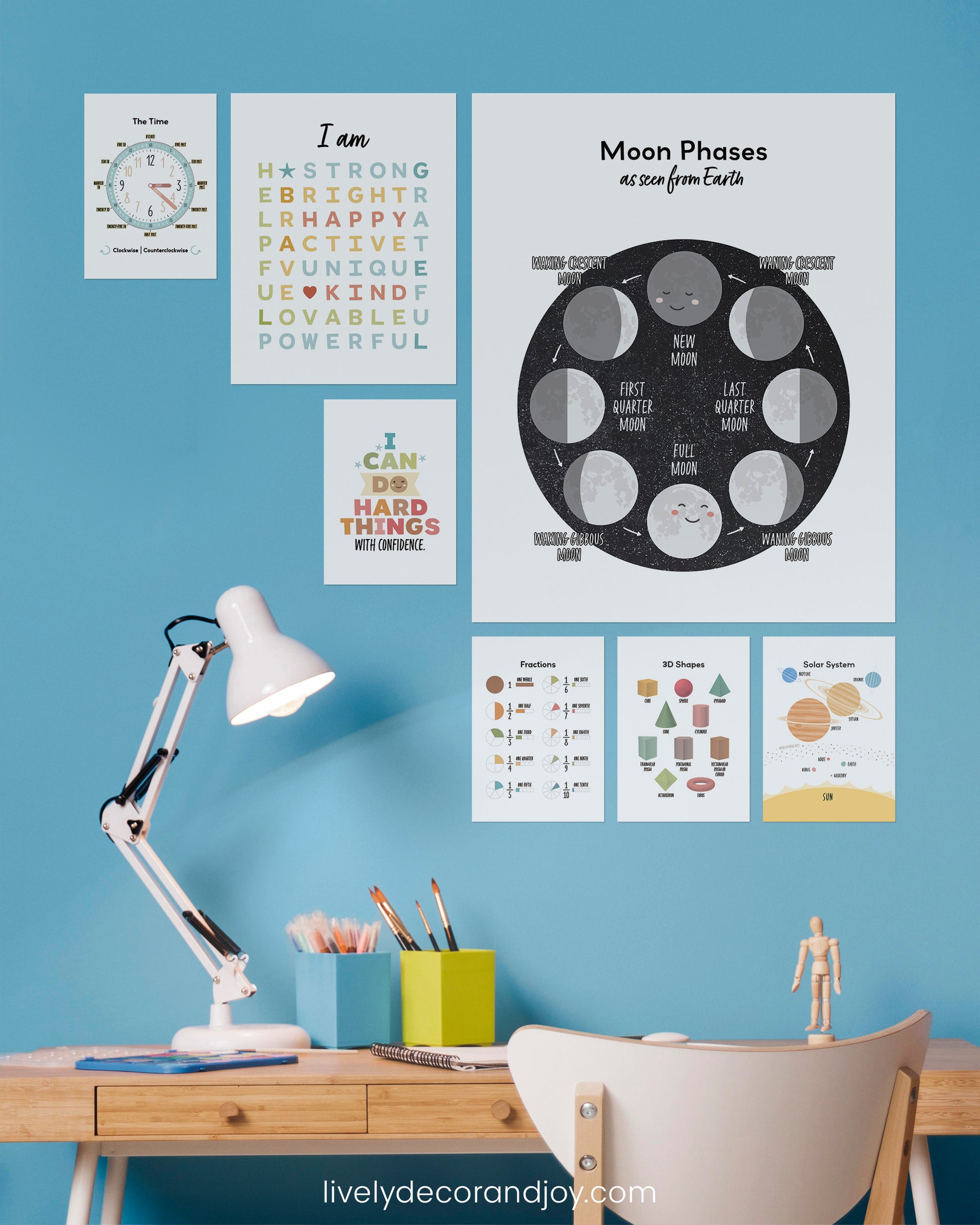 A set of over 40 printable learning and motivational posters in various sizes, from 4x6 inches to 18x24 inches, including A3 and A4. Designed in warm earth tones for family homes and schools. A creative learning resource for students and teachers. Can be used in classrooms, playrooms, libraries, kid rooms, and nurseries. Informative, inspirational, and beautiful.